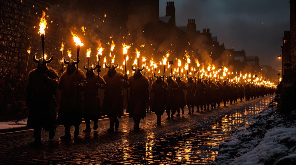 flickering flames illuminate solemn gathering