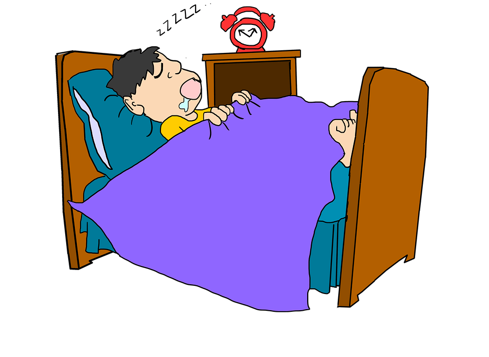 an illustration of a man sleeping in bed with an alarm clock on the bedside table