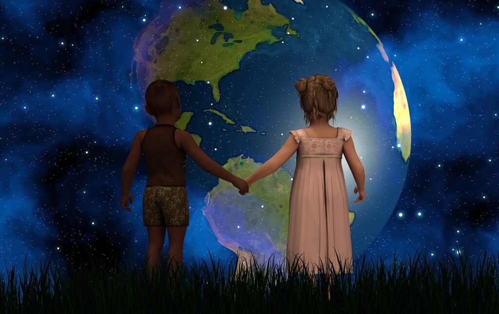 Children Friends Holding hands while looking at the earth